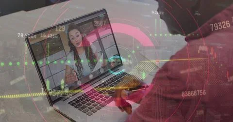 Image of numbers and data processing over african american man using laptop 스톡 사진