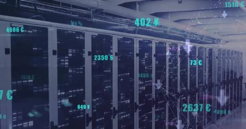 Image of numbers and data processing over computer servers Stock Photos