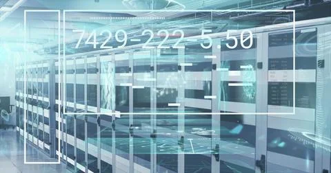 Image of numbers and data processing on screen over computer servers Stock Photos