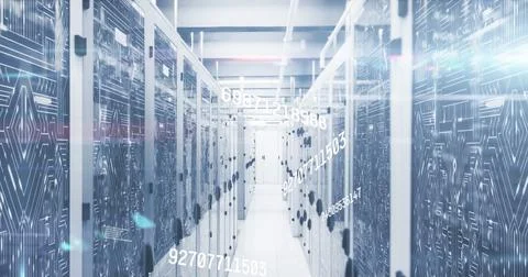 Image of numbers and data processing over computer servers Stock Photos