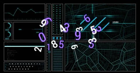 Image of numbers and digital data processing over dark background イラスト素材