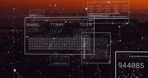Image of numbers and digital data processing over dark background Stock Photos