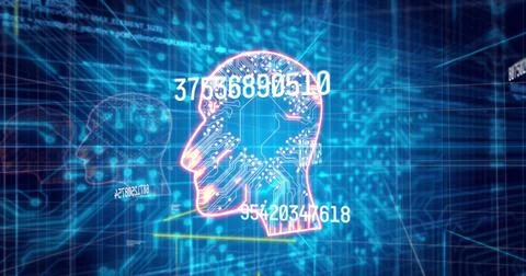 Image of numbers and human head over blue background with integrated circuit Stock Photos