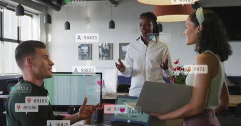 Image of numbers and icon in notification bars, diverse coworkers talking in Stock Photos