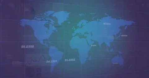 Image of numbers and infographic interface over grid pattern and map against Stock Photos