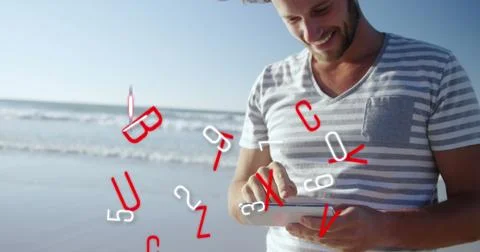 Image of numbers and letters changing over woman using tablet Stock-Fotos
