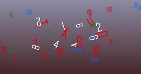 Image of numbers and letters falling over grey background Ilustração Stock