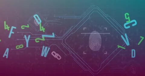 Image of numbers and letters over fingerprint 스톡 일러스트
