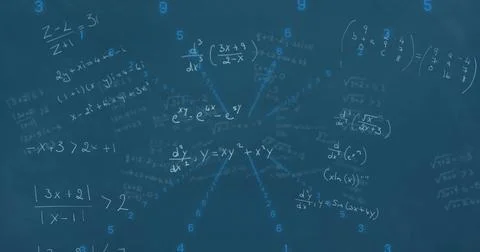 Image of numbers and math formulas on blue background Stock Photos