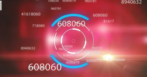 Image of numbers and processing circle over red background Foto stock