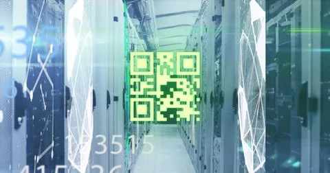 Image of numbers and qr code over servers Stock Illustration