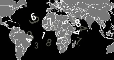 Image of numbers and world map and data processing over black background Illustrazione stock