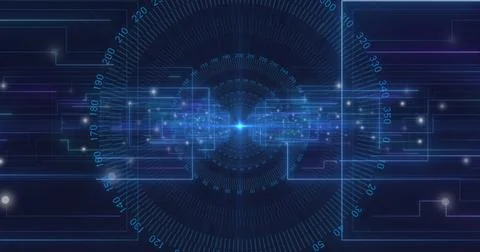 Image of numbers around circular tunnel and rectangles over black background Foto stock