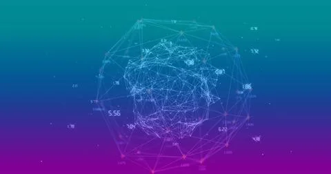 Image of numbers around connected dots forming globes over gradient background Stock Illustration