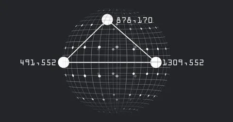 Image of numbers around connected dots forming triangle over globe on black Stock Photos