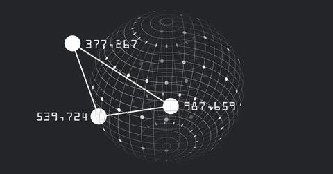 Image of numbers around connected dots forming triangle over globe on black Fotos de archivo