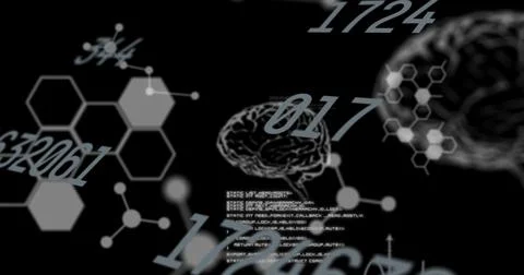 Image of numbers changing and data processing with human brains Stock Illustration