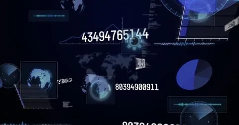 Image of numbers changing and data processing on screens over world map Stock Illustration