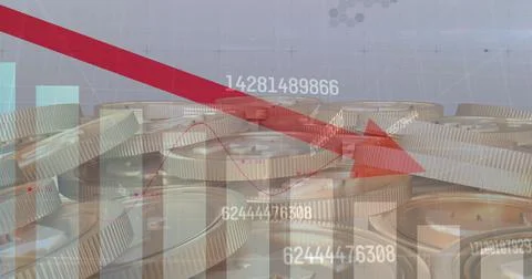 Image of numbers changing and data processing red arrow pointing down over gold Ilustración de archivo