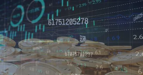 Image of numbers changing and data processing over gold yen coins Stock Illustration