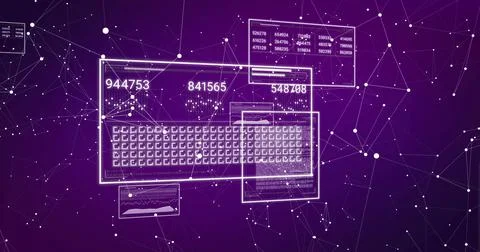 Image of numbers changing and data processing on computer screens over purple Illustrazione stock