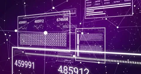 Image of numbers changing and data processing on computer screens over purple Illustrazione stock