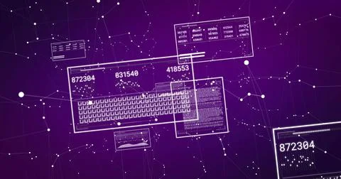 Image of numbers changing and data processing on computer screens over purple Illustrazione stock