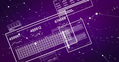 Image of numbers changing and data processing on computer screens over purple イラスト素材