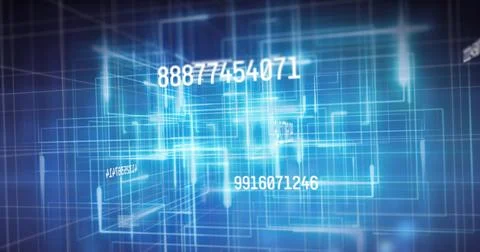 Image of numbers changing and data processing over glowing grid Stock Illustration
