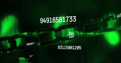 Image of numbers changing and data processing over green glowing online security Illustrazione stock