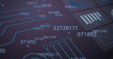 Image of numbers changing and data processing over computer circuit board Stock Illustration