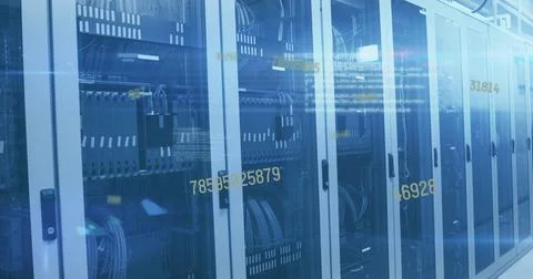 Image of numbers changing and data processing over computer servers in tech room 스톡 사진