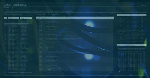 Image of numbers changing and data processing on computer screens over close up 스톡 사진
