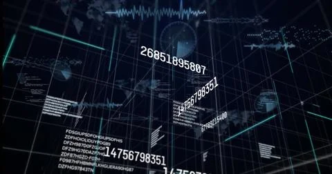 Image of numbers changing and data processing on black background 写真素材