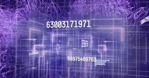 Image of numbers changing and data processing over explosion of purple light Stock Photos