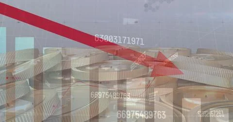 Image of numbers changing and data processing red arrow pointing down over gold Stock Photos