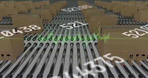 Image of numbers changing and data processing over cardboard boxes on conveyor Stock Photos