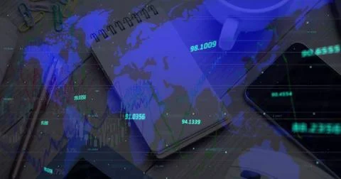 Image of numbers changing and data processing over world map 写真素材