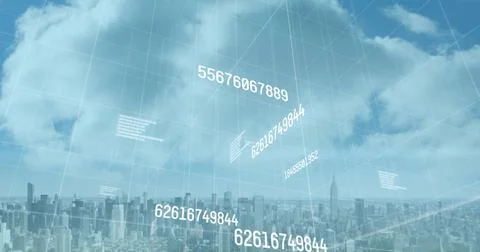 Image of numbers changing and data processing over cityscape Foto stock