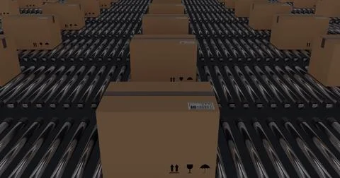 Image of numbers changing and data processing over cardboard boxes on conveyor Stock Photos