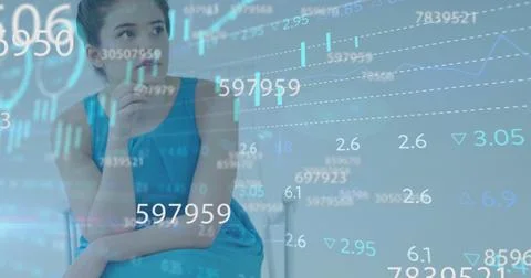 Image of numbers changing and financial data processing over woman with shopping 写真素材