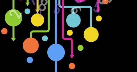 Image of numbers changing and network of connections over black background 库存插图