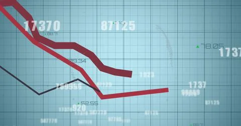 Image of numbers changing and red lines over spinning globe Stock Photos
