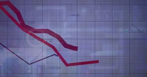 Image of numbers changing and red lines over grid Stock Photos