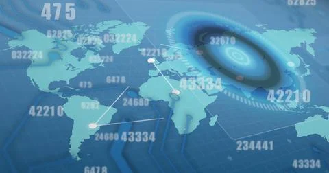 Image of numbers changing and scope scanning over world map on blue background Stock Illustration