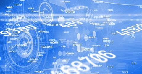 Image of numbers changing and scopes scanning on blue background Stock Photos