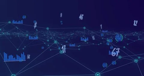Image of numbers changing data processing against network of connections Illustrazione stock