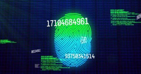 Image of numbers changing data processing against biometric fingerprint イラスト素材