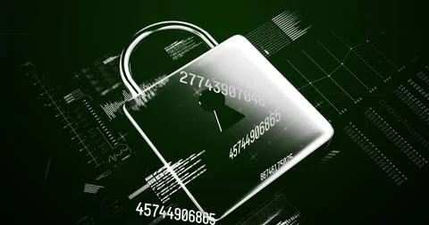 Image of numbers changing data processing against online security padlock Stock Illustration