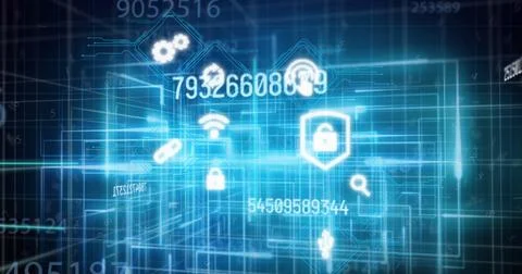 Image of numbers changing data processing over digital icons and glowing lines Illustrazione stock